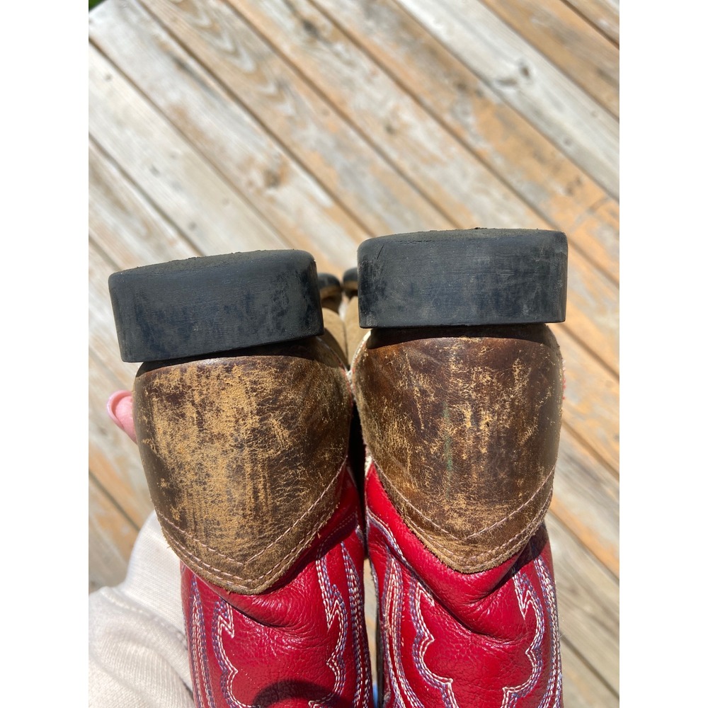 Old West Kids Cowboy Boots Tan Red Leather Square Size 10 D Cute BrokeInAleady! - Picture 7 of 8